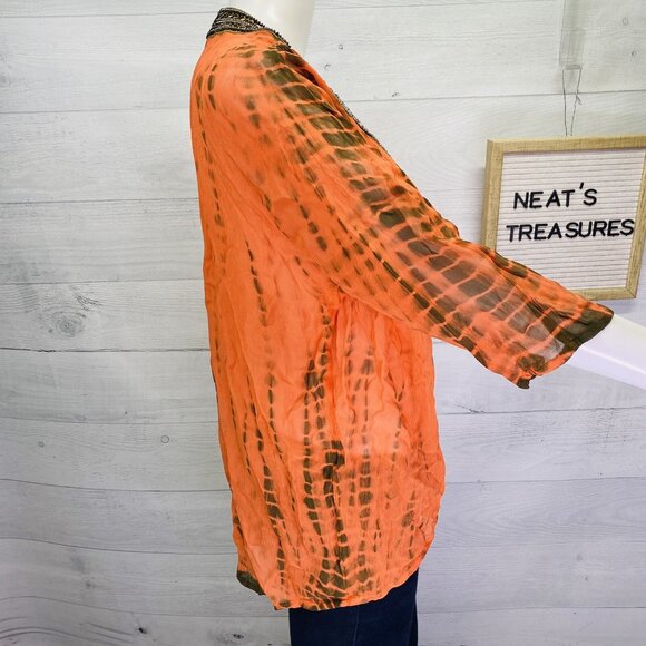 Michael Kors Switzerland Orange Brown Sheer Embellished V Neck Tunic Top Size S - Picture 5 of 16